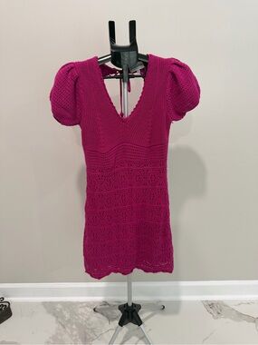 Freshman Fuchsia Crochet Puff-Sleeve Mini Dress